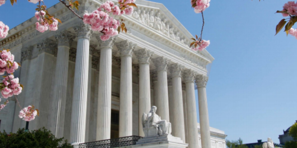 The SCOTUS building with cherry blossoms.