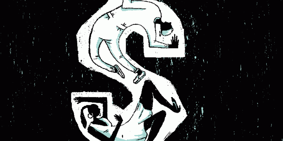 An illustration of two figures trapped in the image of a dollar sign. 