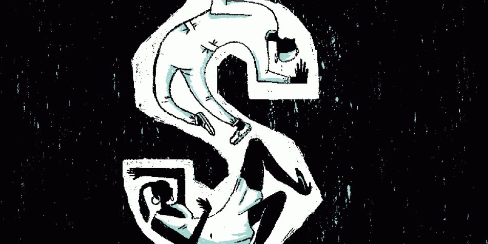 An illustration of two figures trapped in the image of a dollar sign.