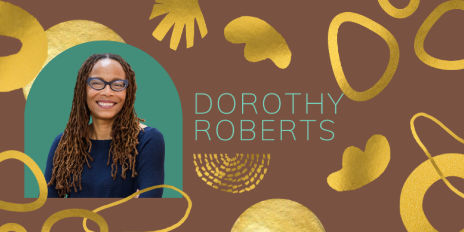 roberts' head shot against teal background against brown and gold pattern with her name written next to her image. 