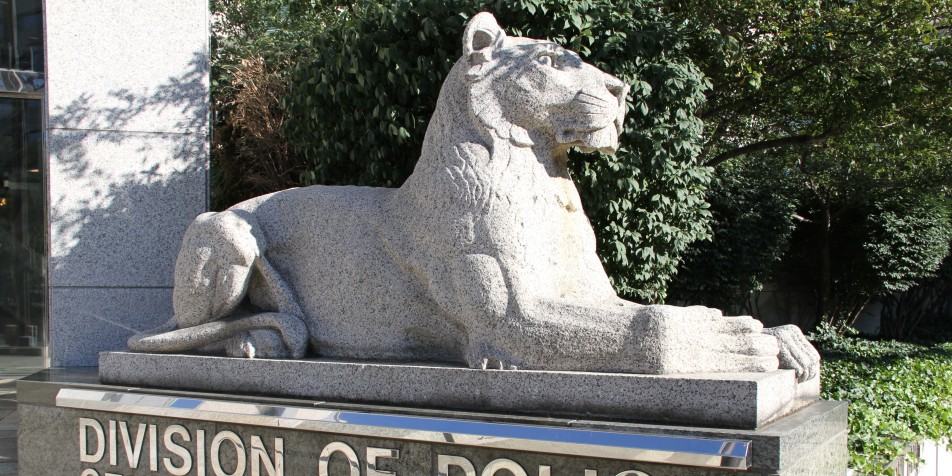 statue of lion outside Columbus, Ohio Police Station